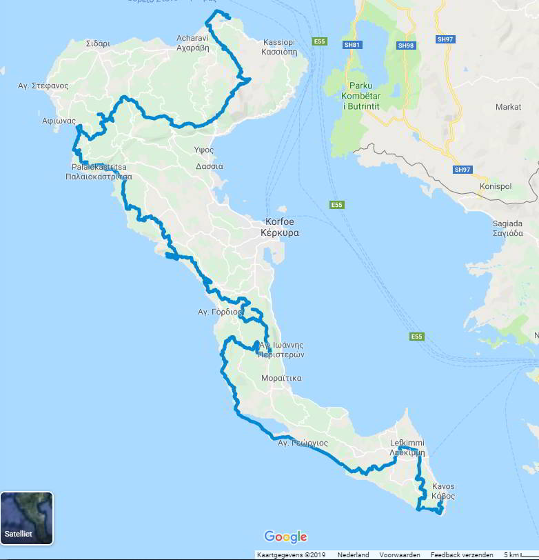 Corfu Trail kaartje kaartje van de route op Corfu