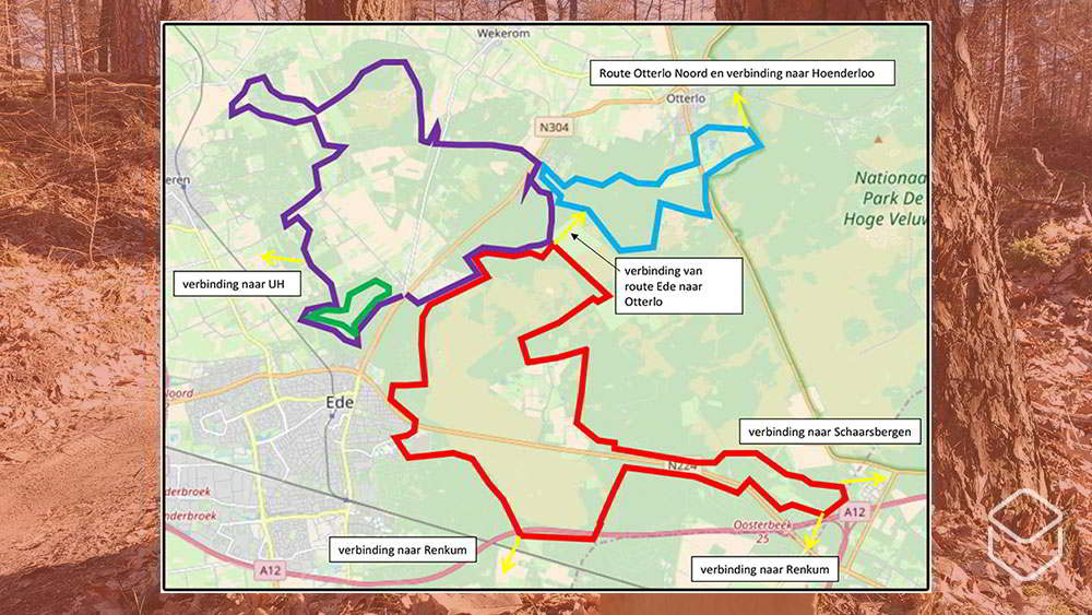 Kaartje met drie grote mountainbikelussen en de kortere lus (groen) voor kinderen Kaartje van de mountainbikeroutes in Ede